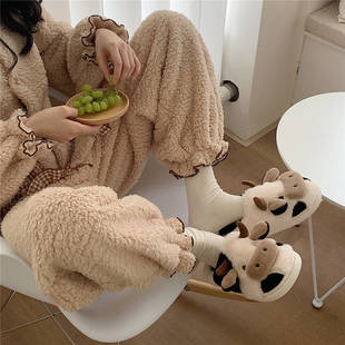 K-Style of Soft and Cute Cow Cotton Slippers for Autumn and Winter Kidsren's Indoor Velvet Warm and Comfortable Family Furry Shoes