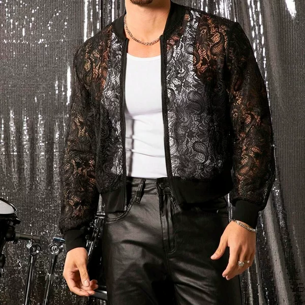 Cross-Border New Men's Hollow Lace Long-Sleeved Jacket Sexy Party Daily Casual Wear