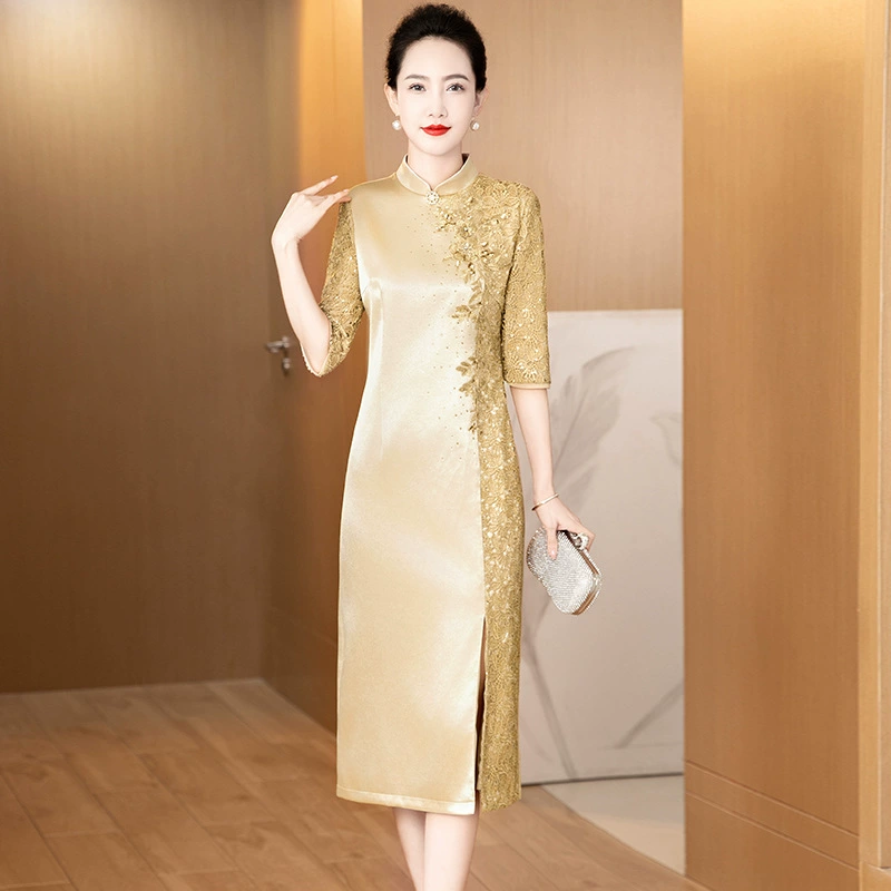 Весенняя и осенняя мода новый китайский стиль шампанского цвета cheongsam платье среднего и пожилого возраста