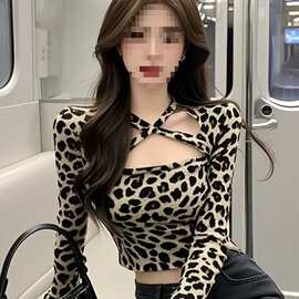 辣妹风气质豹纹短款上衣女秋季设计感小众修身长袖t恤性感打底衫