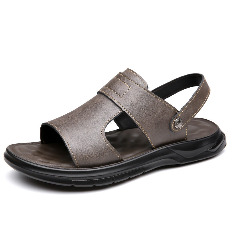Dép sandal nam đế dày đúc phun, đế mềm chống trượt, hở ngón khoét lỗ thoáng khí đi biển — Màu nâu, màu xám, màu đen