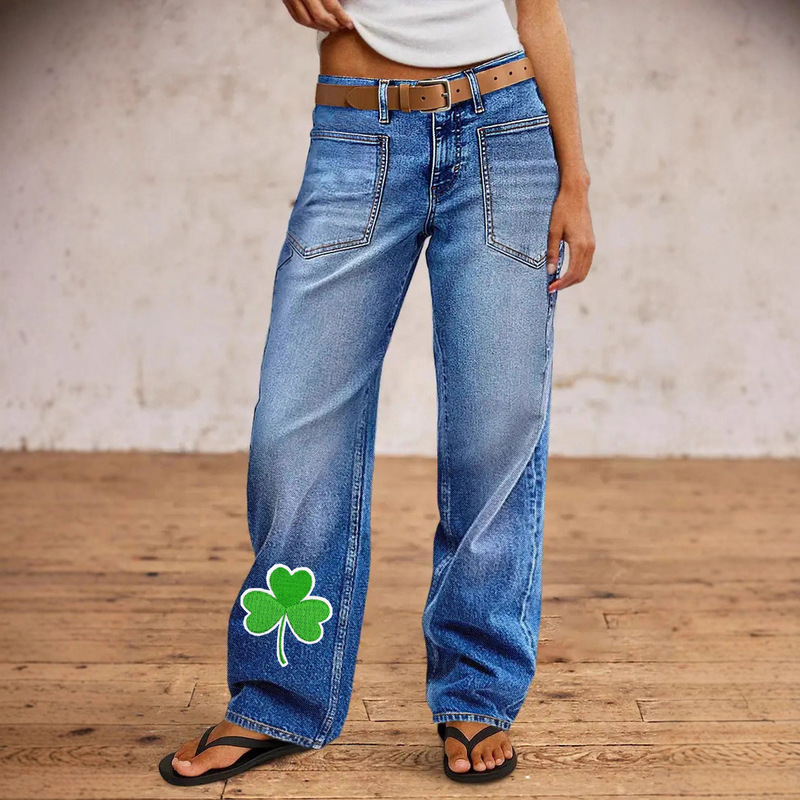 European and American Cross-Border New Clover Jeans Mid-Waist Stretch Straight Jeans St. Patrick's Day Trousers Cotton
