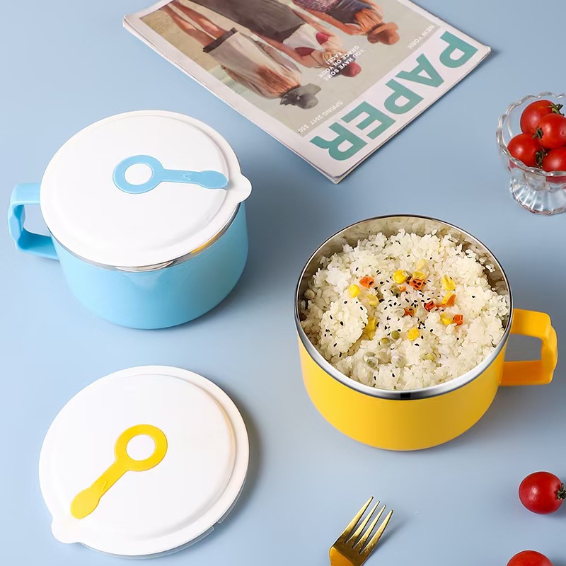 Cuenco de fideos instantáneos dormitorio de estudiantes Caja de almuerzo de acero inoxidable 304 con tapa para trabajadores de oficina de gran capacidad de estilo japonés mango aislado Tazón