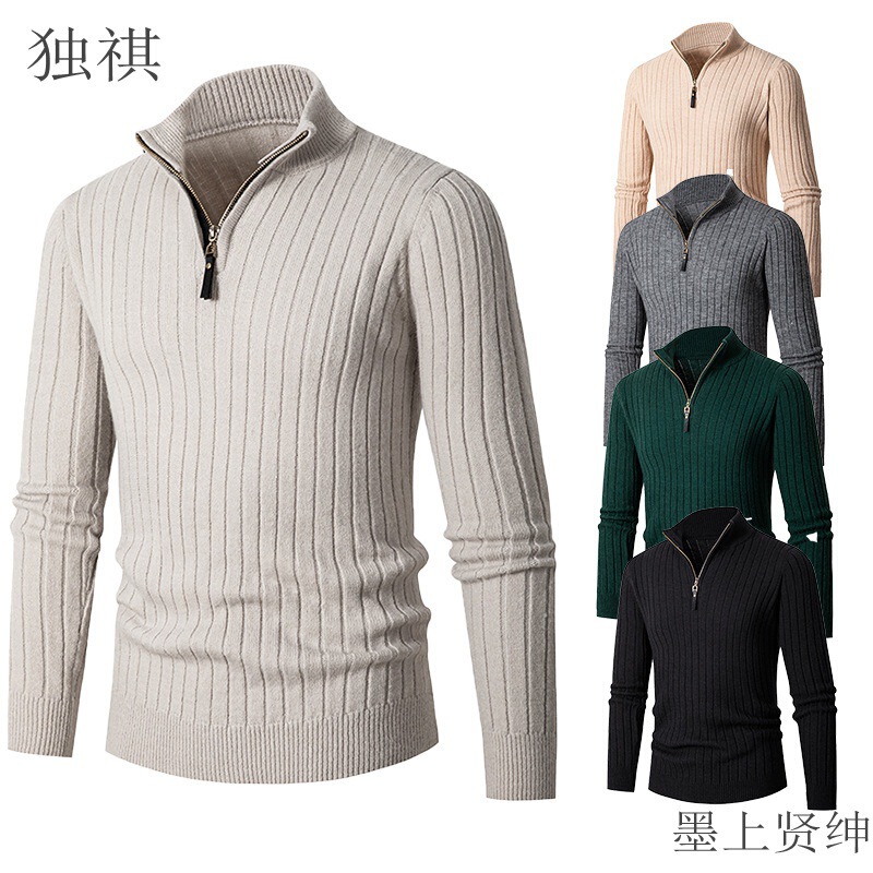 Amazon cross-border foreign trade plus size men's sweater half zipper sweater European size trend vertical strip base sweater