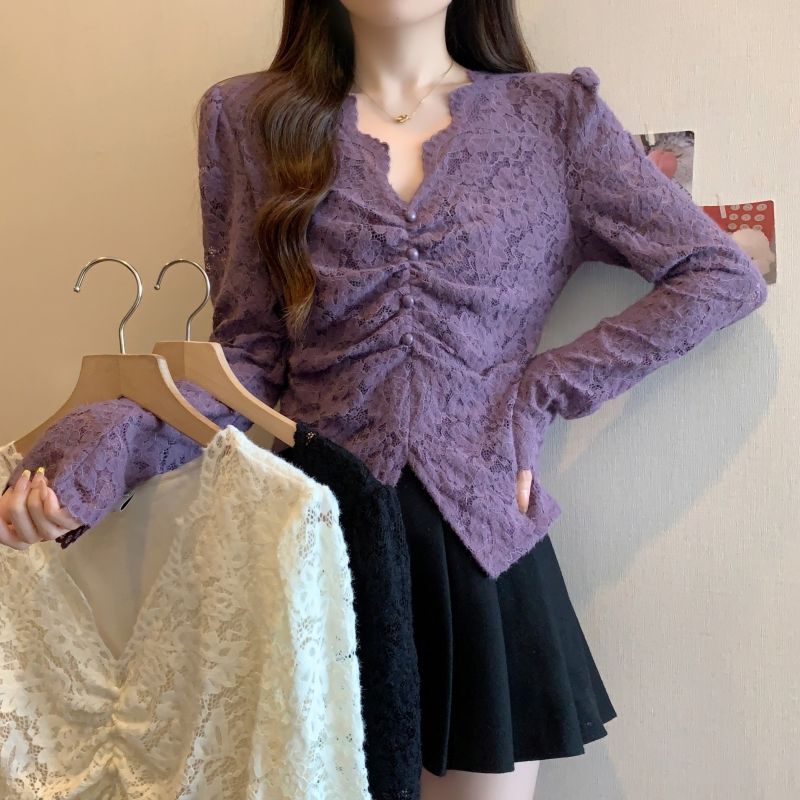 Plus Size Autumn and Winter New Versatile Elegant Long-Sleeved Shirt, Stylish, Loose, Slimming Look, Thickeneded Brushed Lace Top