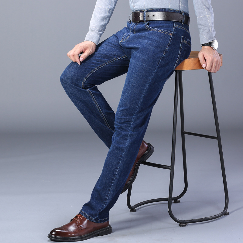 Men's stretch Denim one-piece high waist zipper loose middle-aged men's pants stretch comfortable business straight pants