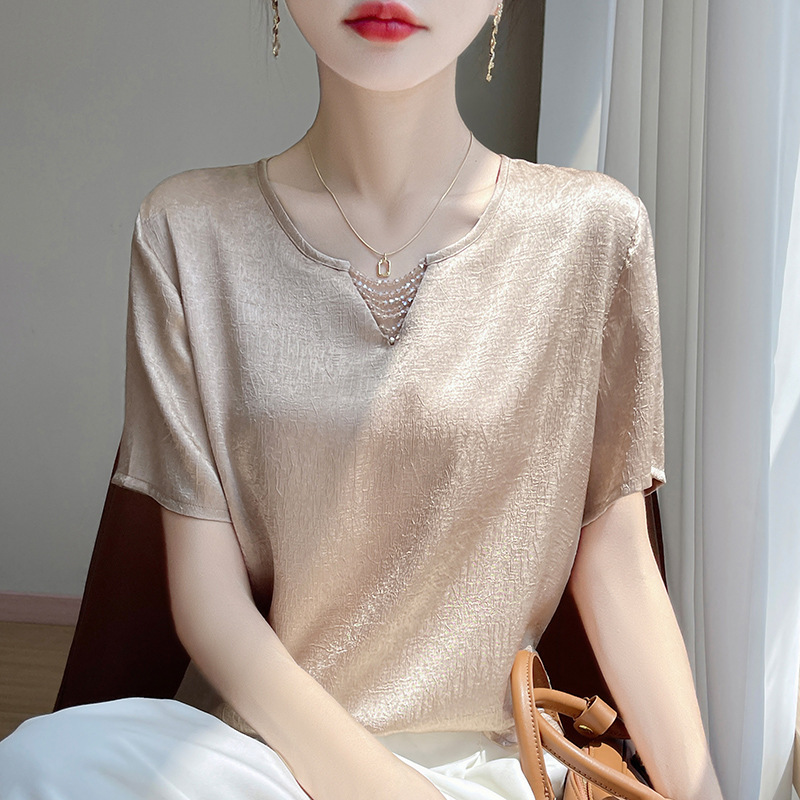 [Directly from the Manufacturer] Tencel Pure Color V Neck Short-Sleeved T-Shirt for Women Summer New Jacquard Fashion Knitted Silk Shirt