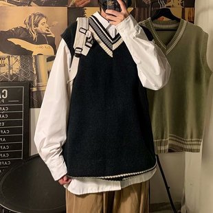 V-neck sweater vest men's loose lazy ins Hong Kong style Korean style trendy personalized vest outer wear autumn and winter New sweater