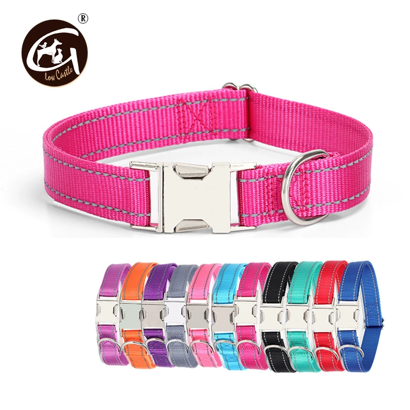 Нейлоновый светоотражающий ошейник для собак, новый, однотонный, с гравируемой металлической пряжкой, оптовая продажа от производителя, товары для животных.