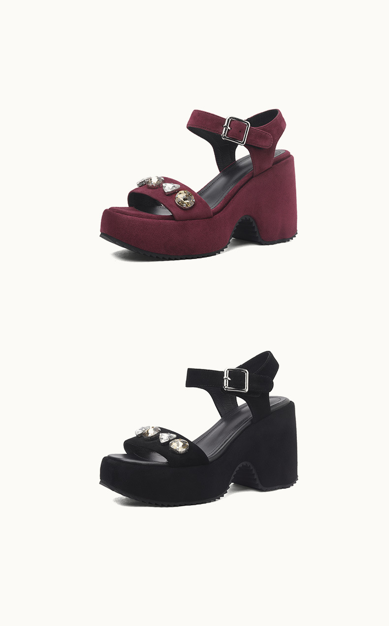 Sandal cao gót nữ quai ngang đế dày, mũi hở, phối đá lấp lánh, gót 9 cm — màu đen, Rượu vang đỏ chi tiết 9