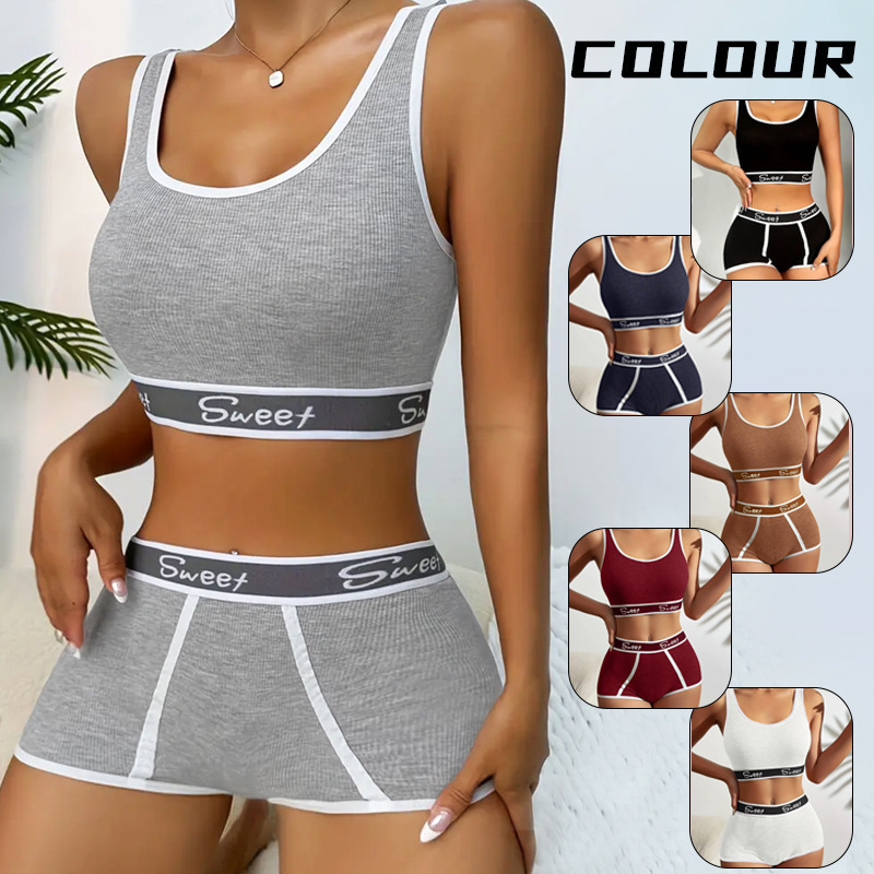 European and American Sexy Fitness Pure Cotton Women's Intimates Wide-Brimmed Letter Sports Vest Mid-Waist Boxer Briefs Bra Set