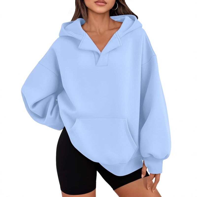 2026 Cross-Border Hot-Selling European and American Women's Fashion V-Neck Hooded Pullover Sweatshirt with Thumb Holes and Fleece Lining Casual Top 2026 Cross-Border Hot-Selling European and American Women's Fashion V-Neck Hooded Pullover Sweatshirt with Thumb Holes and Fleece Lining Casual Top