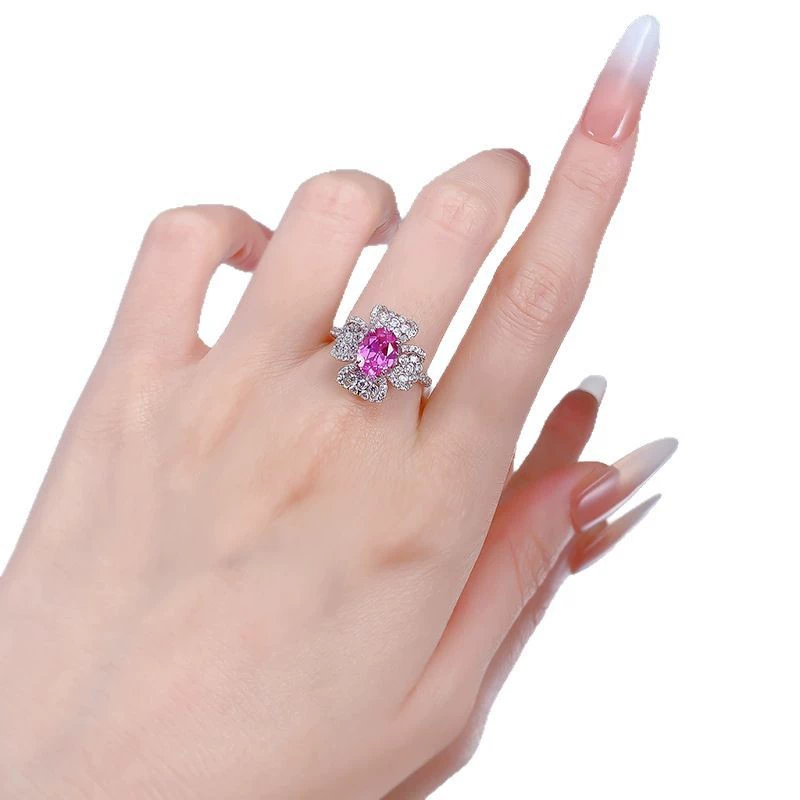 Longlong Gold Jewelry 2025 новый S925 серебро высокой углеродной алмазной розовой 6*8мм овальное яйцевидное кольцо для женщин прямой эфир
