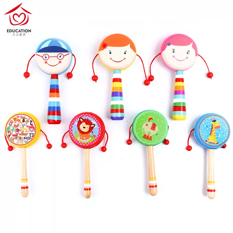 木质卡通笑脸儿童仿羊皮拨浪鼓 幼儿园早教益智儿童拨浪鼓玩具