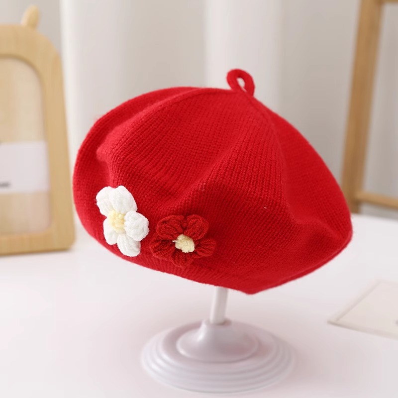 Bebé niña sombrero otoño e invierno Bebé boina de punto lindo pequeño flor de la niña del sombrero del pintor de lana de los niños sombrero de moda