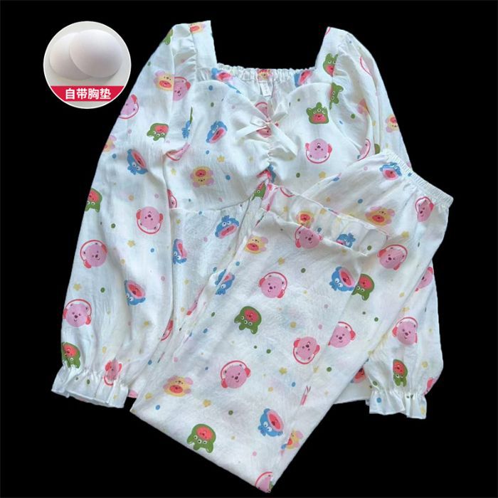 Pijamas de primavera y otoño, pantalones de manga larga, nubes de algodón, almohadilla de pecho dulce, conjunto de dos piezas, ropa de hogar simple.