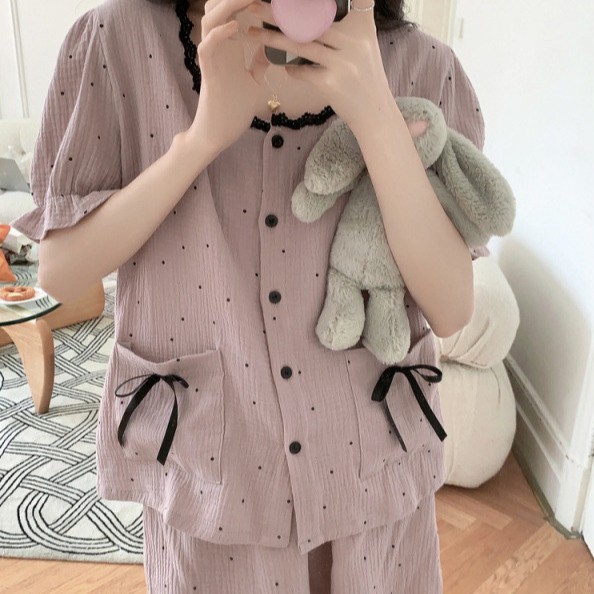 韩国ins女士夏睡衣韩版圆点花边蕾丝双层棉纱家居服短袖短裤套装
