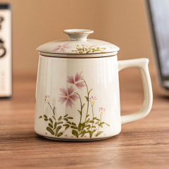 手描きのデイジー泡茶カップ茶水分離マグカップ蓋付き陶磁器茶器オフィスカップ企業ロゴ