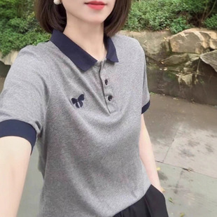 t恤女2025新款夏季休闲小众短袖韩版时尚百搭显瘦polo领拼色上衣