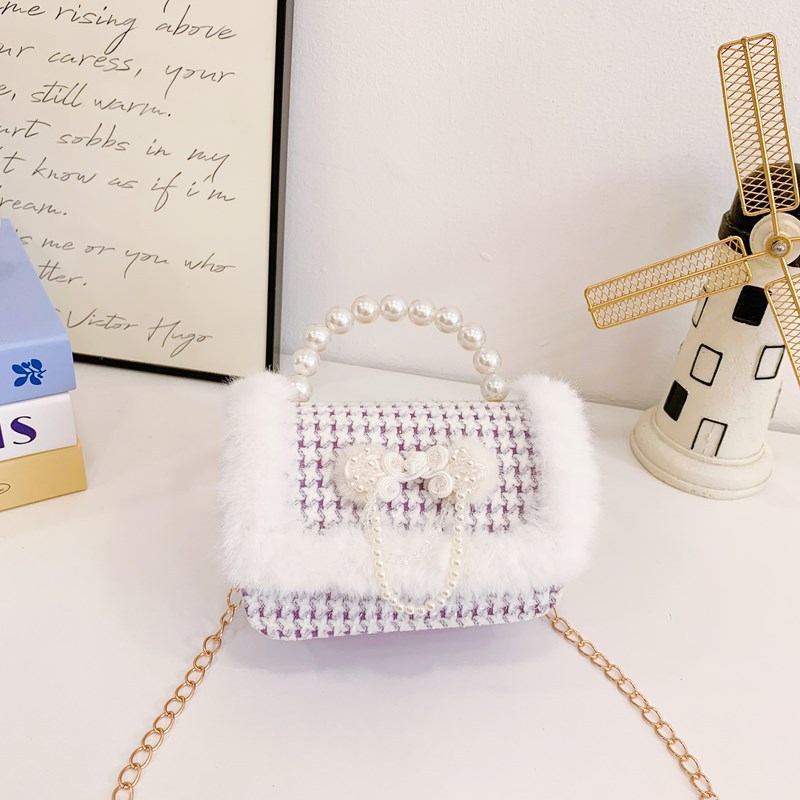 2025 bolsos de Año Nuevo para niños bolsos de perlas princesa de estilo cuadrado bolsos de hombro de cadenas de peluche niñas