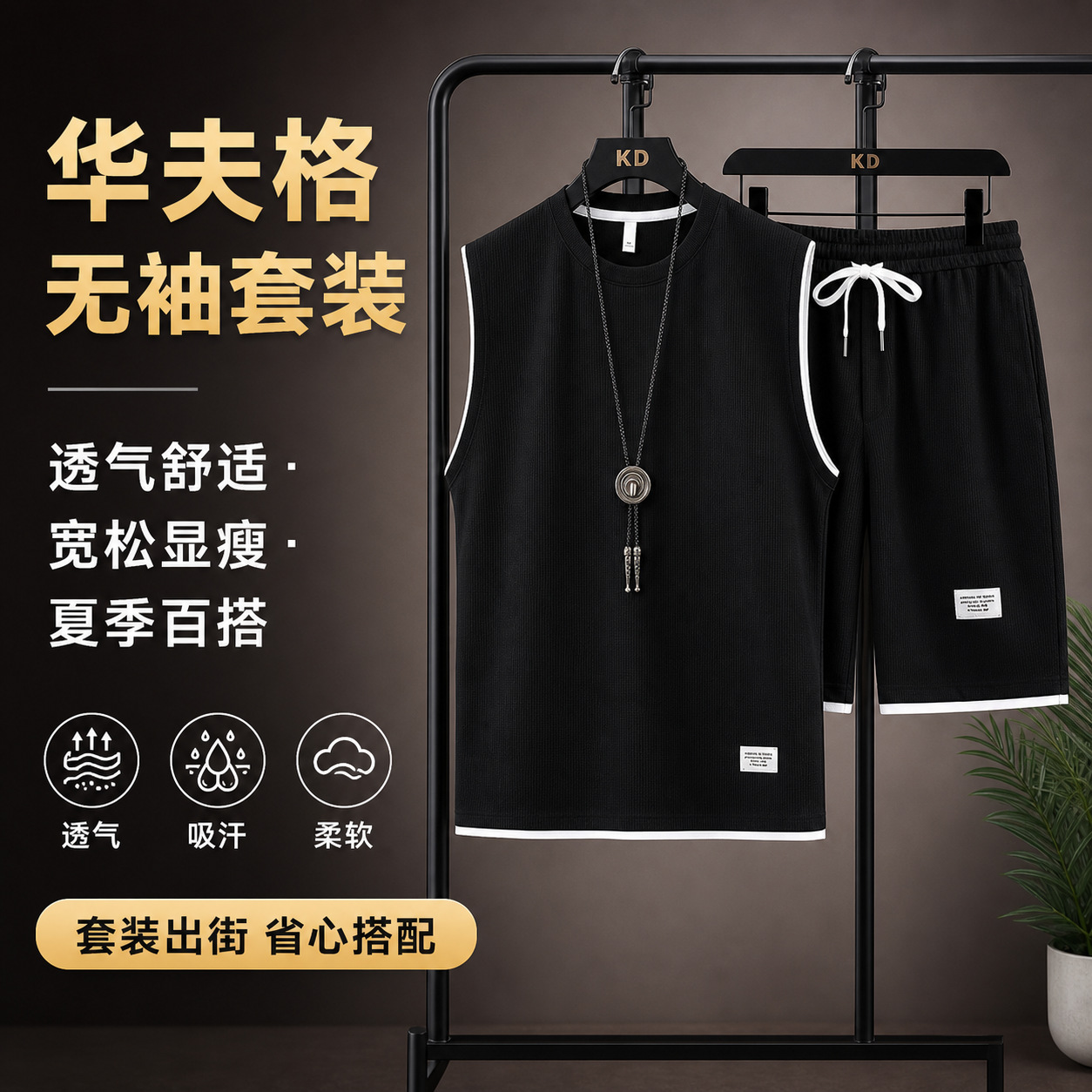 2026 Summer Men's Waffle Sleeveless Vest Shorts Set Loose Breathable Casual Sports Two-Piece Set
