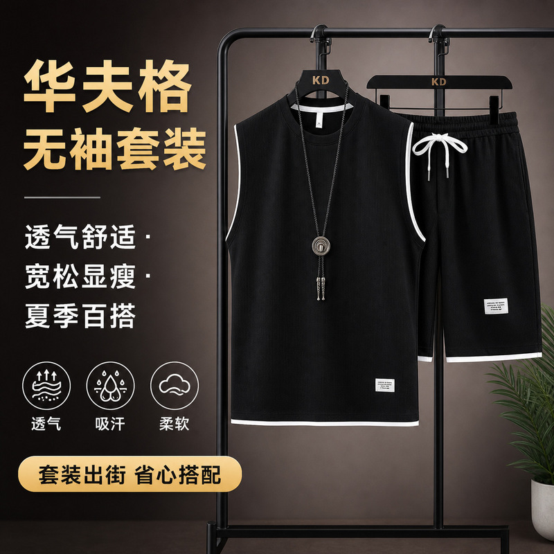 2026 Summer Men's Waffle Sleeveless Vest Shorts Set Loose Breathable Casual Sports Two-Piece Set 2026 Summer Men's Waffle Sleeveless Vest Shorts Set Loose Breathable Casual Sports Two-Piece Set