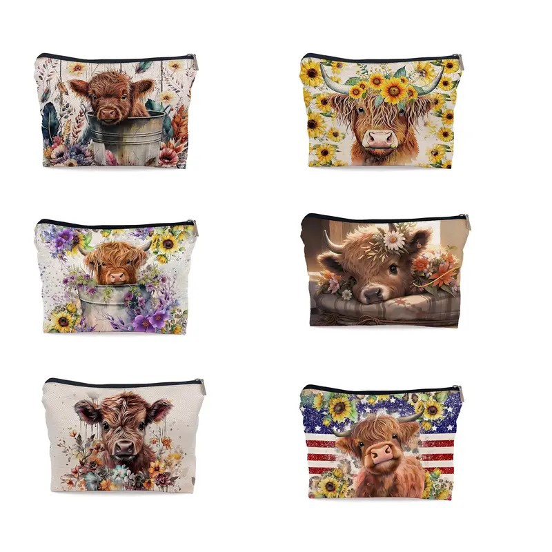 Transfronterizo amazon damas maquillaje bolsa de vaca girasol bolsa de maquillaje bolsa de almacenamiento lino bolsa de cremallera impermeable