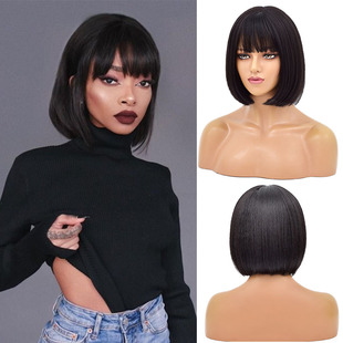 Xuchang cross-border European and American black bobo bangs short straight wig women's chemical fiber headgear short bob wig wholesale