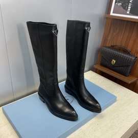 网红粗跟长筒靴女秋冬不过膝高筒靴百搭皮靴半筒高跟显瘦马靴大码