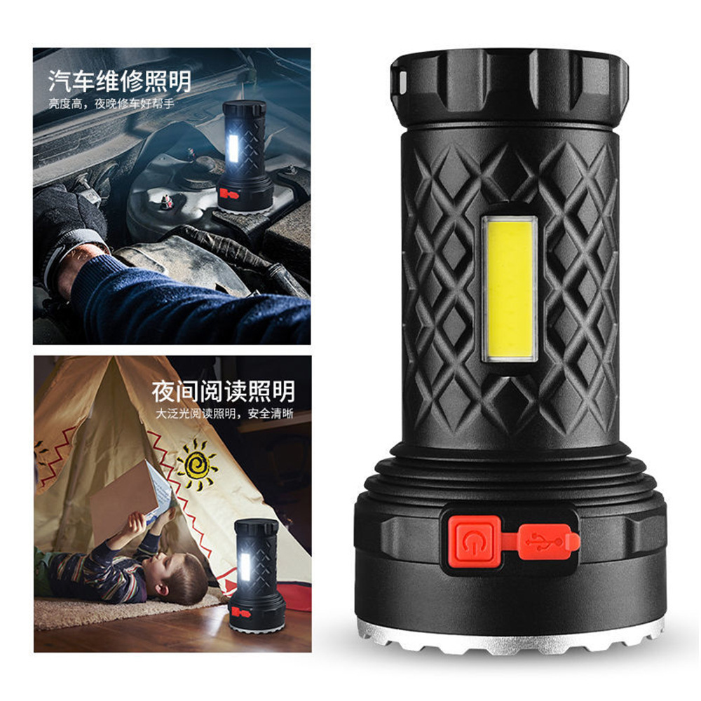 크로스 보더 LED 손전등 COB 듀얼 광원 야외 야간 낚시 장거리 USB 충전식 플라스틱 가정용 손전등