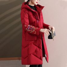 中年妈妈冬装绣花中长款羽绒棉服洋气民族风棉衣中老年人棉袄外套
