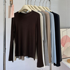 ライゼル酢酸ウール生地のシャツの小さい丸首の長袖の女性の純色の韓系は外で小さいtシャツを着ます。