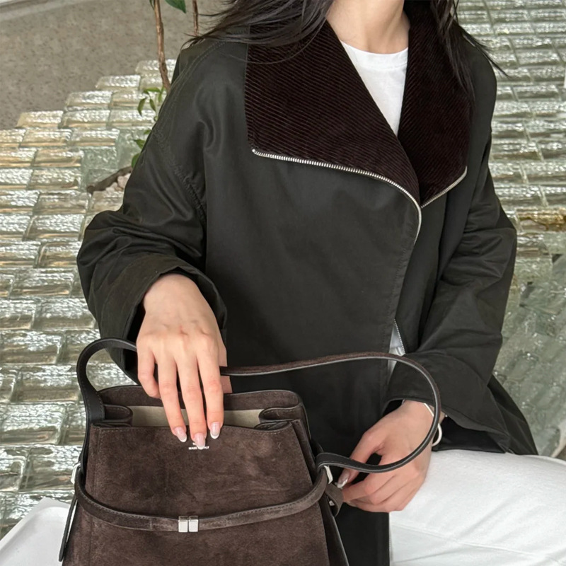 Neutral Funnel Collar Jacket Trendy Corduroy Collar Patchwork Lapel Silhouette Long Sleeve Zipper Stylish Jacket Coat