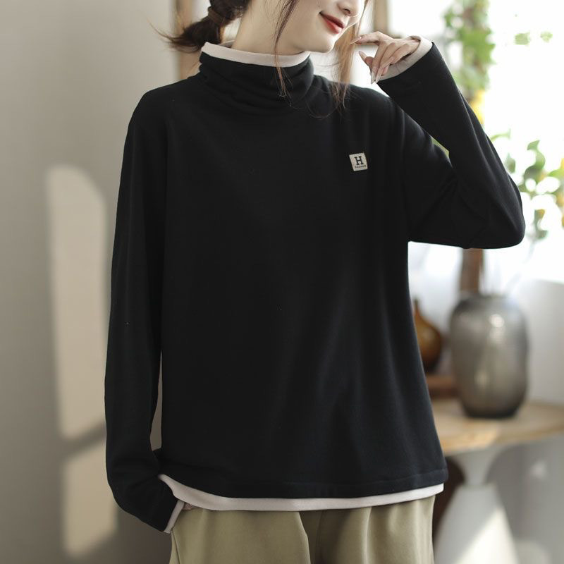 양면 벨벳 스웨터 여성의 두꺼운 가짜 투피스 디자인베이스 벨벳 스웨터 여성의 겨울 새로운 우아한 더미 칼라 탑