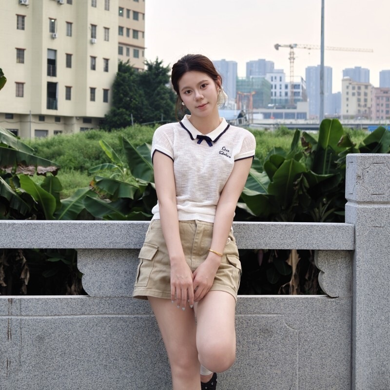 Herlian New Summer Product Cut Out Bow Knitted Polo Shirt Women's Thin Short-Sleeved T-Shirt Top