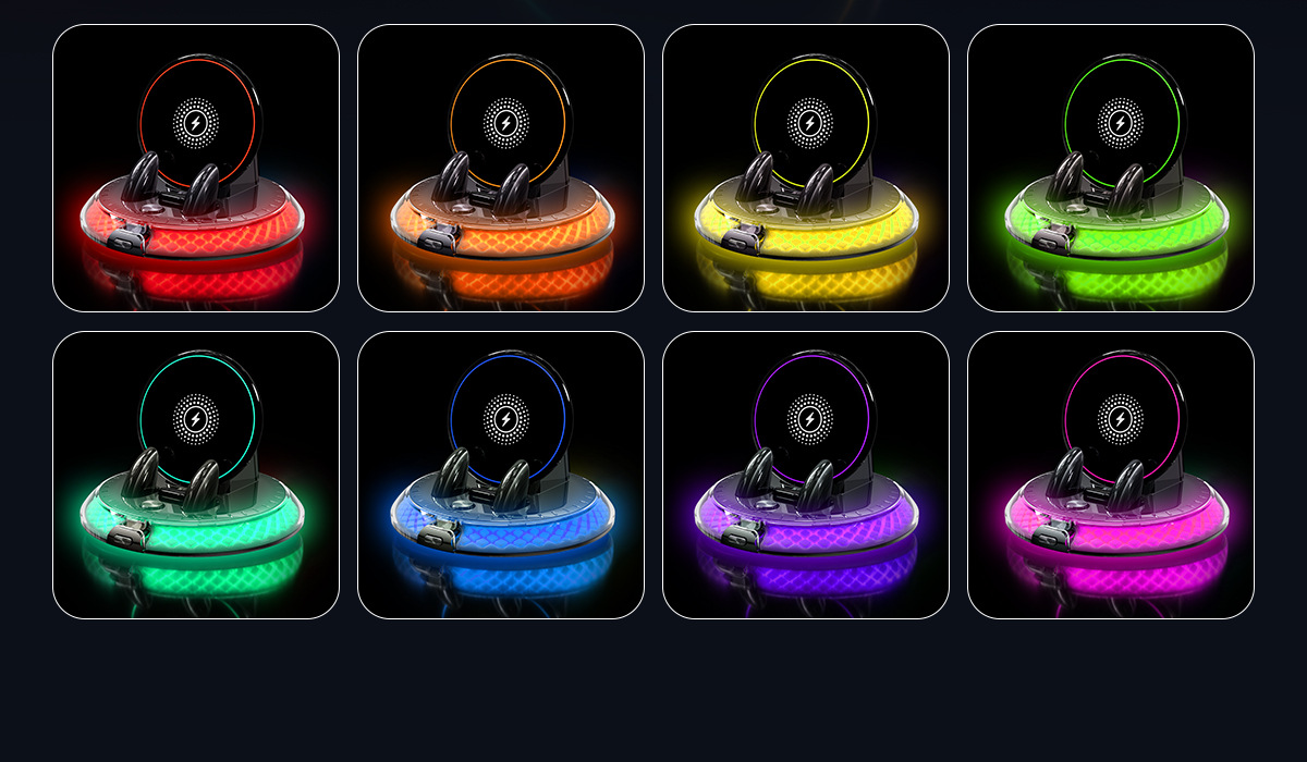 New car phone holder with RGB colorful ambient lighting, dashboard-mounted, anti-shake, wireless charging stand with fast charging