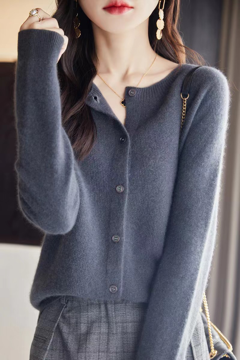Cárdigan de Punto de Lana para Mujer Lana Cuello Redondo, Manga Larga para Otoño e Invierno