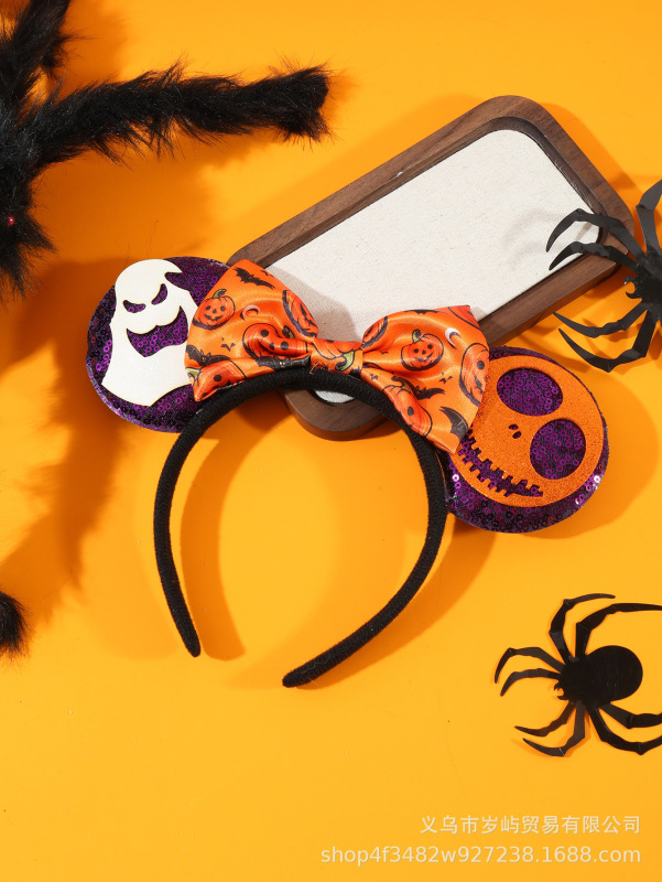 ハロウィンプリントクモの巣カボチャサテンかわいいQバージョンミッキー耳リボンヘッドバンドヘアアクセサリー|undefined
