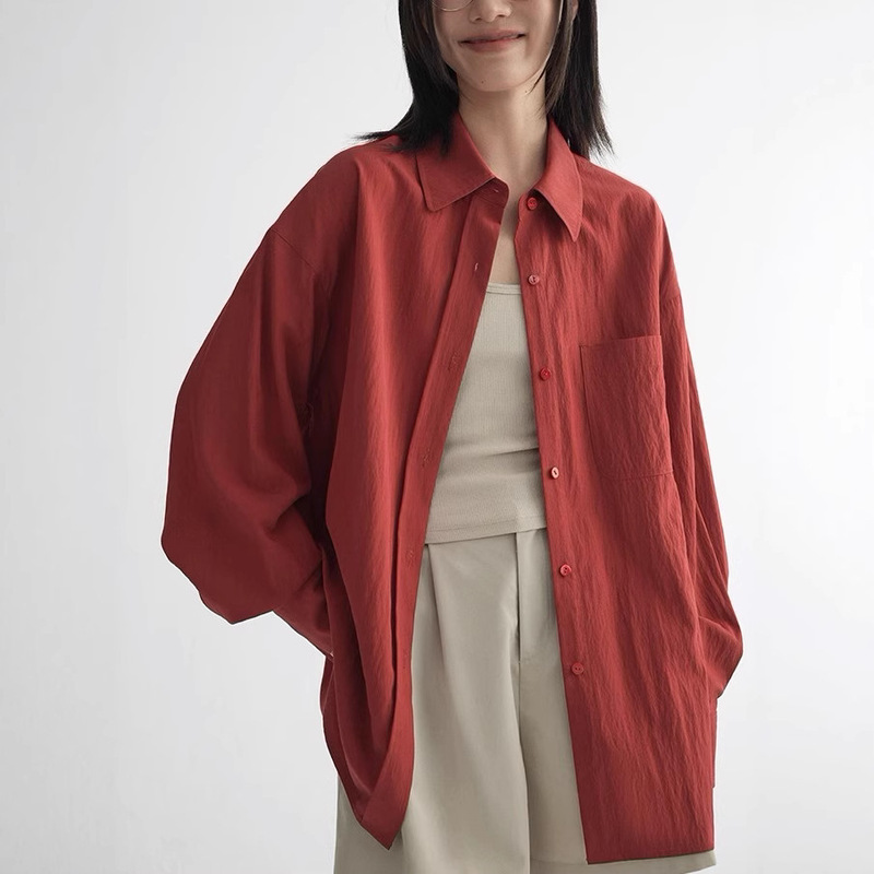 HAVERICE レストランバーンレッドシャツ春夏ドレープテクスチャルーズ痩身美白万能シャツトップ|undefined