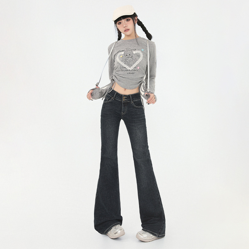 美式復古低腰微喇牛仔褲女2025春季新款辣妹彈力刺繡小個子喇叭褲