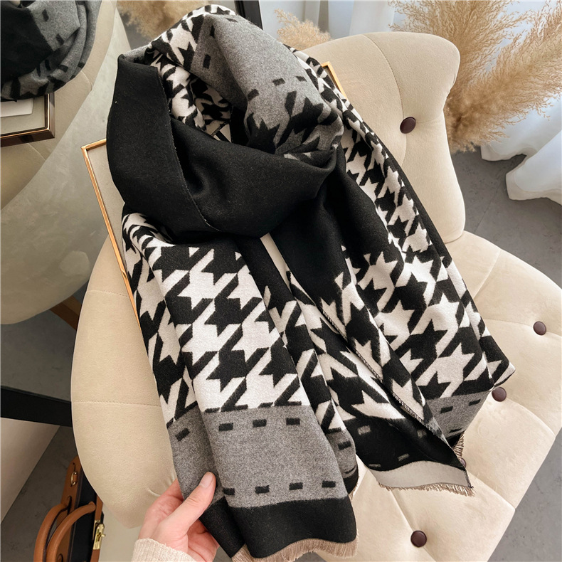 620g Weight Scarf Classification Outdoor, Daily Occasion Imitation cashmere Material Houndstooth, Color Block Pattern Winter Season Women's Gender Tassel Design Sweet, Simple Style Style Women's Sweet Simple Style Houndstooth Color Block Imitation Cashmere Tassel Scarf 无