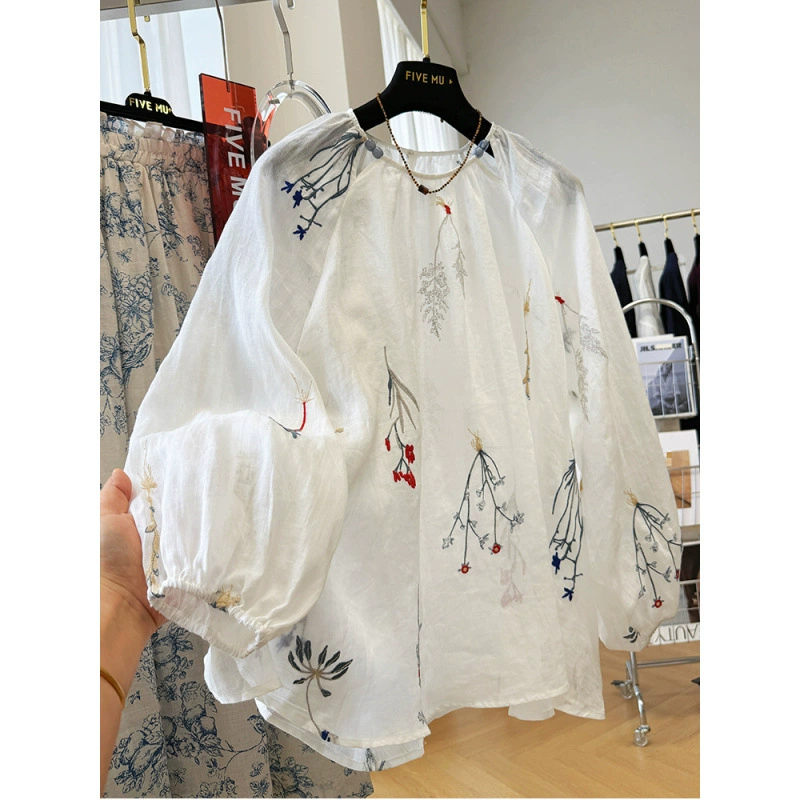 Высококачественная ретро-вышитая рубашка с круглым вырезом и длинными рукавами, тонкая элегантная французская рубашка, женский летний топ из рами