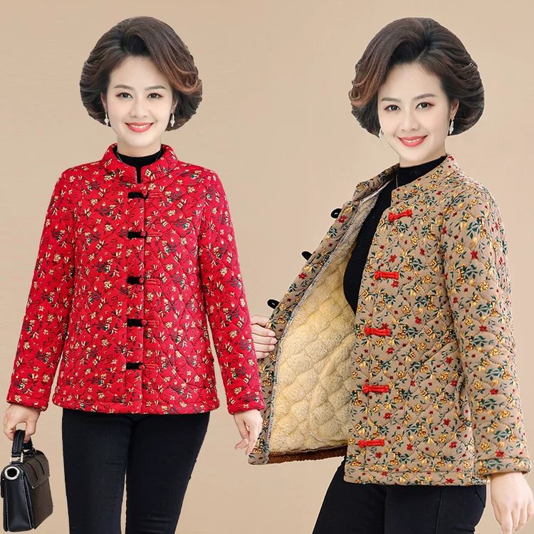 Зимняя новая модная пуговица и бархатная хлопчатобумажная одежда женская дикая цветочная хлопчатобумажная куртка высокого класса теплая куртка большого размера мама одежда