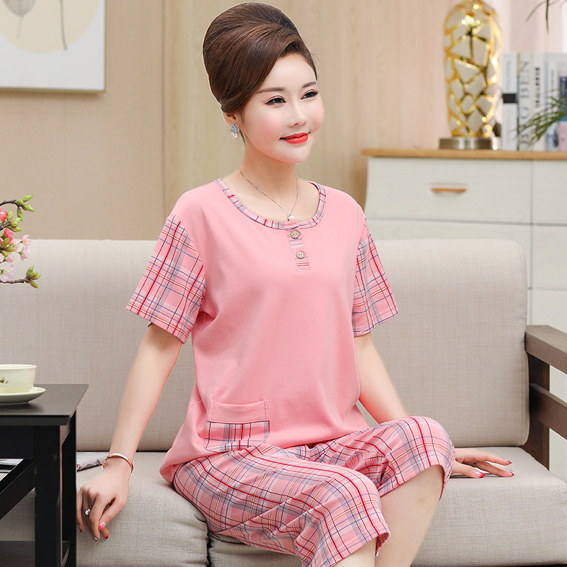 Middle-Aged and Elderly Women's Pajamas Summer Pure Cotton Mother's Cropped Pants Home Clothes Middle-Aged Plus Size Short-Sleeved Shorts Xichen