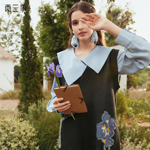 两三事梵高文艺 鸢尾遐想 冬款花卉图案压褶拼接背心裙连衣裙