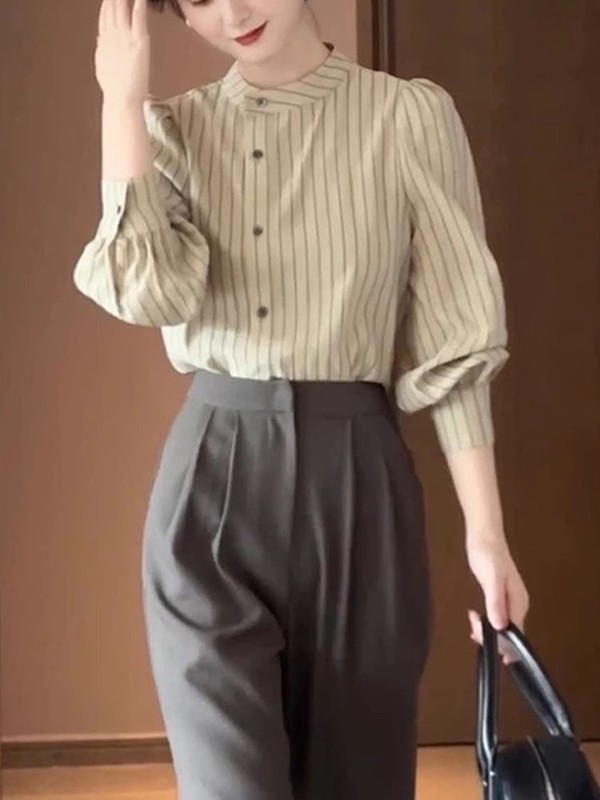 盐系轻熟高级感时尚休闲卡其色衬衫阔腿裤子两件套装职业女装秋季|undefined