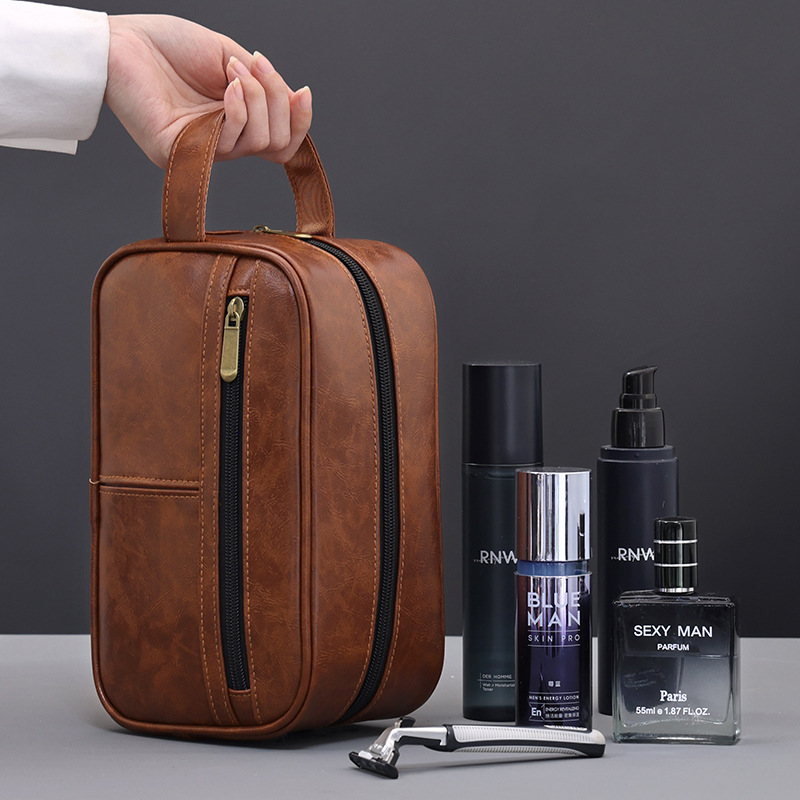 Nuevo producto transfronterizo Bolsa de lavado portátil de PU retro Bolsa de almacenamiento de productos de piel para hombres de gran capacidad Bolsa de lavado de viaje portátil