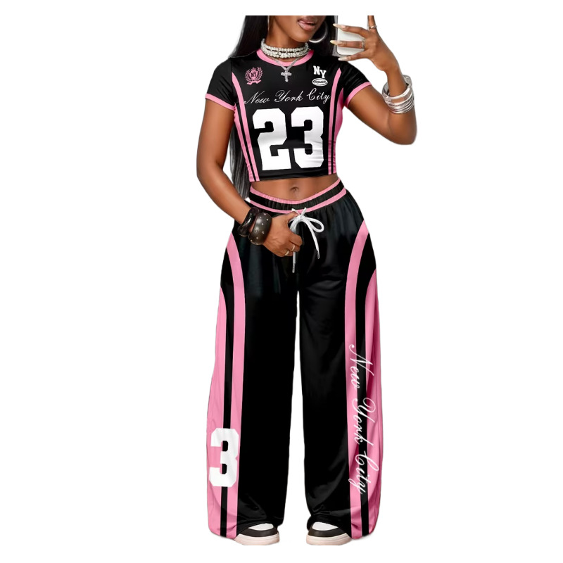 Y2K Women's Two Piece Set Style Digital Print Short T-Shirt Wide Leg Trousers Spring Summer Sexy_ecoleips.com
