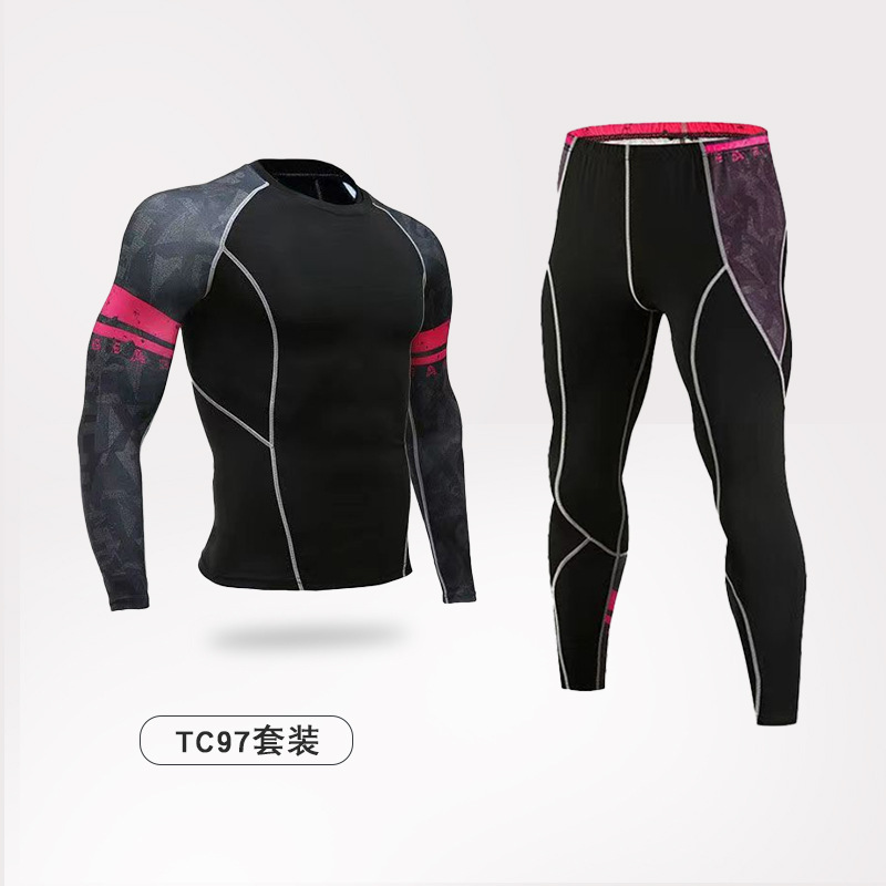 Logotipo personalizado fitness traje de ropa deportiva primavera y otoño para hombres transpirable cuello redondo elástico alto estampado manga larga ropa ajustada de secado rápido