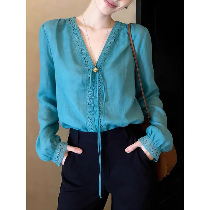 Peacock Blue Shirt for Women, Long-Sleeved, Spring 2026 New Style, High-End, Light Luxury, Good-Looking, Elegant, Beautiful, V-Neck Shirt Peacock Blue Shirt for Women, Long-Sleeved, Spring 2026 New Style, High-End, Light Luxury, Good-Looking, Elegant, Beautiful, V-Neck Shirt